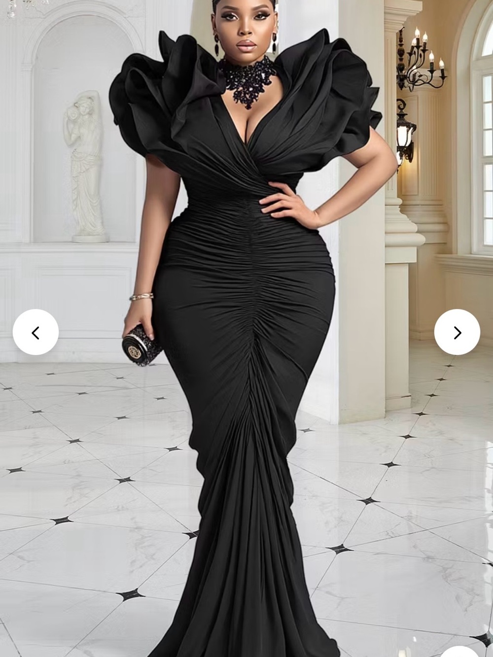 Elegant Black Ruched Evening Gown - Women Dresses